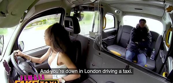  Female Fake Taxi Petite ebony cabbie with tiny shaven pussy fucks passenger